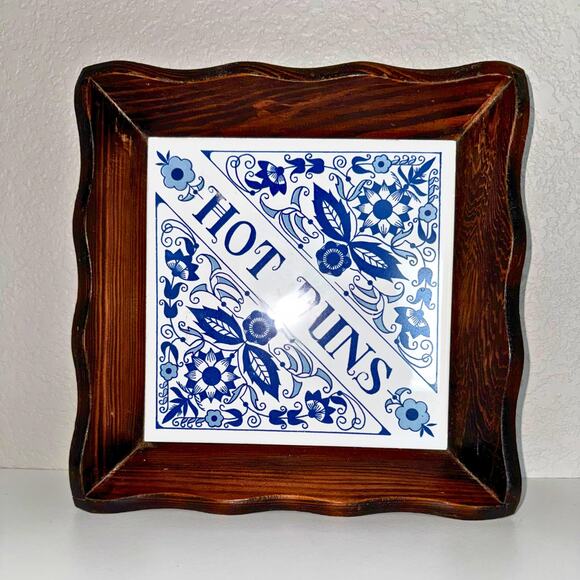 Vintage Blue & White “Hot Buns” Tile Trivet with Wood Frame Kitchen Decor - Picture 5 of 11